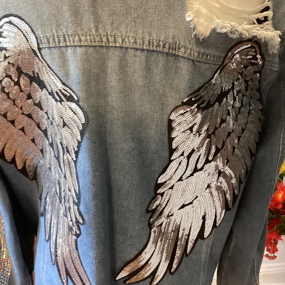 Distressed Denim Sequin Angel Jacket ( Size: XL) - Picture 5 of 7